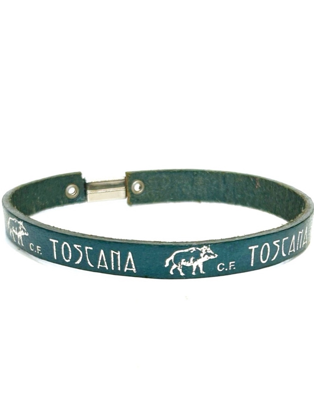 Toscana Tuscany Italy Teal Leather Bracelet Silver Blue Green Fabric Strap Clasp